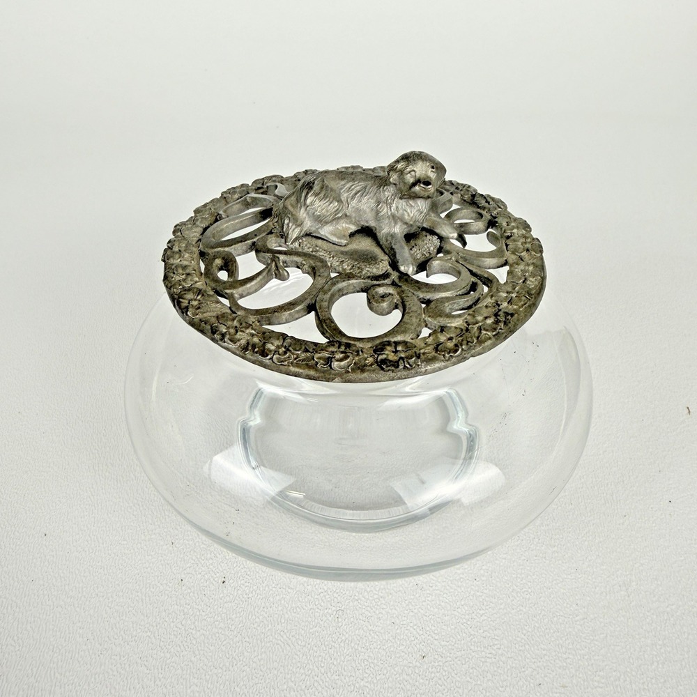Rawcliffe Pewter Puppy Dog Glass Trinket Box Covered Dish 1989